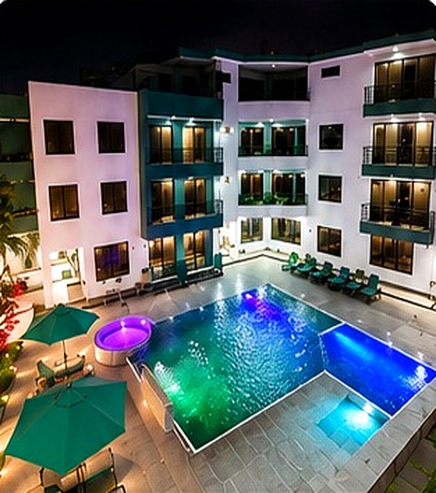Vista aérea de la piscina iluminada de Senbeach